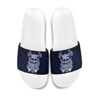 Vikings Skull Slide Sandals with Horned Helmet, Blue Axes and Runes Norse Warrior Tribute - Wonder Print Shop