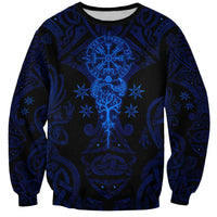 Vikings Skull Sweatshirt with Horned Helmet, Blue Axes and Runes Norse Warrior Tribute - Wonder Print Shop