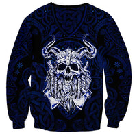 Vikings Skull Sweatshirt with Horned Helmet, Blue Axes and Runes Norse Warrior Tribute - Wonder Print Shop