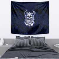 Vikings Skull Tapestry with Horned Helmet, Blue Axes and Runes Norse Warrior Tribute - Wonder Print Shop