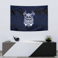 Vikings Skull Tapestry with Horned Helmet, Blue Axes and Runes Norse Warrior Tribute - Wonder Print Shop