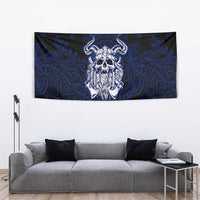 Vikings Skull Tapestry with Horned Helmet, Blue Axes and Runes Norse Warrior Tribute - Wonder Print Shop