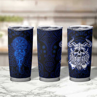 Vikings Skull Tumbler Cup with Horned Helmet, Blue Axes and Runes Norse Warrior Tribute - Wonder Print Shop