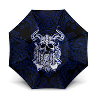 Vikings Skull Umbrella with Horned Helmet, Blue Axes and Runes Norse Warrior Tribute - Wonder Print Shop
