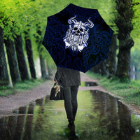 Vikings Skull Umbrella with Horned Helmet, Blue Axes and Runes Norse Warrior Tribute - Wonder Print Shop