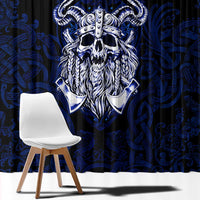 Vikings Skull Window Curtain with Horned Helmet, Blue Axes and Runes Norse Warrior Tribute - Wonder Print Shop