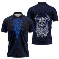 Vikings Skull Zipper Polo Shirt with Horned Helmet, Blue Axes and Runes Norse Warrior Tribute - Wonder Print Shop