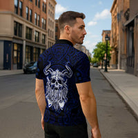 Vikings Skull Zipper Polo Shirt with Horned Helmet, Blue Axes and Runes Norse Warrior Tribute - Wonder Print Shop