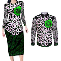 Vegvisir Couples Matching Long Sleeve Bodycon Dress and Long Sleeve Button Shirt with Green Dragons and Norse Knots Viking Protection Tribute - Wonder Print Shop