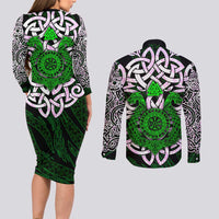 Vegvisir Couples Matching Long Sleeve Bodycon Dress and Long Sleeve Button Shirt with Green Dragons and Norse Knots Viking Protection Tribute - Wonder Print Shop