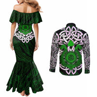 Vegvisir Couples Matching Mermaid Dress and Long Sleeve Button Shirt with Green Dragons and Norse Knots Viking Protection Tribute - Wonder Print Shop