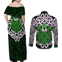 Vegvisir Couples Matching Off Shoulder Maxi Dress and Long Sleeve Button Shirt with Green Dragons and Norse Knots Viking Protection Tribute - Wonder Print Shop