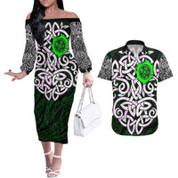 Vegvisir Couples Matching Off The Shoulder Long Sleeve Dress and Hawaiian Shirt with Green Dragons and Norse Knots Viking Protection Tribute - Wonder Print Shop