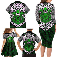 Vegvisir Family Matching Long Sleeve Bodycon Dress and Hawaiian Shirt with Green Dragons and Norse Knots Viking Protection Tribute - Wonder Print Shop