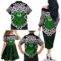 Vegvisir Family Matching Off The Shoulder Long Sleeve Dress and Hawaiian Shirt with Green Dragons and Norse Knots Viking Protection Tribute - Wonder Print Shop
