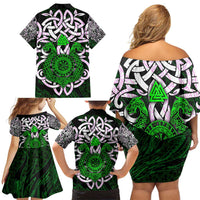 Vegvisir Family Matching Off Shoulder Short Dress and Hawaiian Shirt with Green Dragons and Norse Knots Viking Protection Tribute - Wonder Print Shop