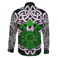 Vegvisir Family Matching Off Shoulder Short Dress and Hawaiian Shirt with Green Dragons and Norse Knots Viking Protection Tribute - Wonder Print Shop
