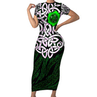 Vegvisir Short Sleeve Bodycon Dress with Green Dragons and Norse Knots Viking Protection Tribute - Wonder Print Shop