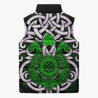 Vegvisir Sleeveless Puffer Jacket with Green Dragons and Norse Knots Viking Protection Tribute - Wonder Print Shop