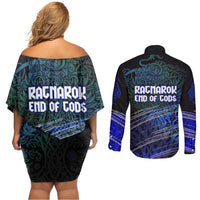 Fenrir Couples Matching Off Shoulder Short Dress and Long Sleeve Button Shirt with Blue Wolf, Runes and Ragnarok End of Gods Tribute - Wonder Print Shop