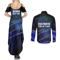Fenrir Couples Matching Summer Maxi Dress and Long Sleeve Button Shirt with Blue Wolf, Runes and Ragnarok End of Gods Tribute - Wonder Print Shop