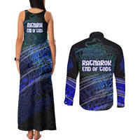 Fenrir Couples Matching Tank Maxi Dress and Long Sleeve Button Shirt with Blue Wolf, Runes and Ragnarok End of Gods Tribute - Wonder Print Shop