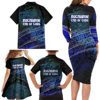 Fenrir Family Matching Long Sleeve Bodycon Dress and Hawaiian Shirt with Blue Wolf, Runes and Ragnarok End of Gods Tribute - Wonder Print Shop
