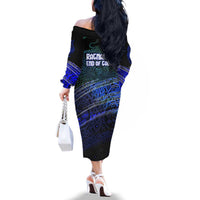 Fenrir Family Matching Off The Shoulder Long Sleeve Dress and Hawaiian Shirt with Blue Wolf, Runes and Ragnarok End of Gods Tribute - Wonder Print Shop