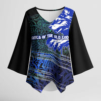 Fenrir Kimono Sleeve Blouse with Blue Wolf, Runes and Ragnarok End of Gods Tribute - Wonder Print Shop