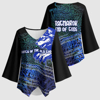 Fenrir Kimono Sleeve Blouse with Blue Wolf, Runes and Ragnarok End of Gods Tribute - Wonder Print Shop