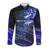 Fenrir Long Sleeve Button Shirt with Blue Wolf, Runes and Ragnarok End of Gods Tribute - Wonder Print Shop