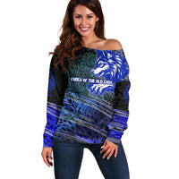 Fenrir Off Shoulder Sweater with Blue Wolf, Runes and Ragnarok End of Gods Tribute - Wonder Print Shop