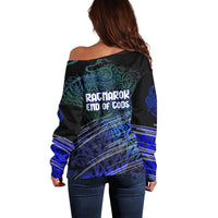 Fenrir Off Shoulder Sweater with Blue Wolf, Runes and Ragnarok End of Gods Tribute - Wonder Print Shop