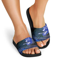 Fenrir Slide Sandals with Blue Wolf, Runes and Ragnarok End of Gods Tribute - Wonder Print Shop