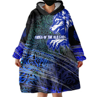 Fenrir Wearable Blanket Hoodie with Blue Wolf, Runes and Ragnarok End of Gods Tribute - Wonder Print Shop