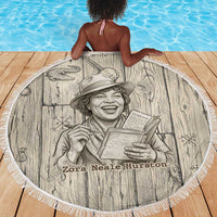 Zora Neale Hurston Beach Blanket Rustic Wood Engraved Style Illustration Joyful Portrait with Book and Map Donkey - Wonder Print Shop