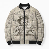 Zora Neale Hurston Bomber Puffer Jacket Rustic Wood Engraved Style Illustration Joyful Portrait with Book and Map Donkey - Wonder Print Shop