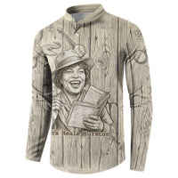 Zora Neale Hurston Button Sweatshirt Rustic Wood Engraved Style Illustration Joyful Portrait with Book and Map Donkey