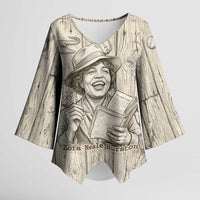 Zora Neale Hurston Kimono Sleeve Blouse Rustic Wood Engraved Style Illustration Joyful Portrait with Book and Map Donkey - Wonder Print Shop
