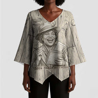 Zora Neale Hurston Kimono Sleeve Blouse Rustic Wood Engraved Style Illustration Joyful Portrait with Book and Map Donkey - Wonder Print Shop
