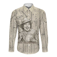Zora Neale Hurston Long Sleeve Button Shirt Rustic Wood Engraved Style Illustration Joyful Portrait with Book and Map Donkey - Wonder Print Shop