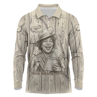 Zora Neale Hurston Long Sleeve Polo Shirt Rustic Wood Engraved Style Illustration Joyful Portrait with Book and Map Donkey - Wonder Print Shop