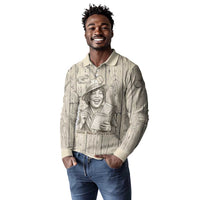 Zora Neale Hurston Long Sleeve Polo Shirt Rustic Wood Engraved Style Illustration Joyful Portrait with Book and Map Donkey - Wonder Print Shop