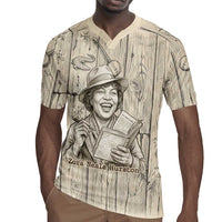 Zora Neale Hurston Rugby Jersey Rustic Wood Engraved Style Illustration Joyful Portrait with Book and Map Donkey - Wonder Print Shop