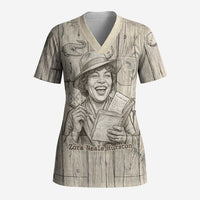 Zora Neale Hurston Scrub Top Rustic Wood Engraved Style Illustration Joyful Portrait with Book and Map Donkey - Wonder Print Shop