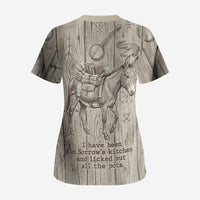 Zora Neale Hurston Scrub Top Rustic Wood Engraved Style Illustration Joyful Portrait with Book and Map Donkey - Wonder Print Shop