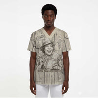 Zora Neale Hurston Scrub Top Rustic Wood Engraved Style Illustration Joyful Portrait with Book and Map Donkey - Wonder Print Shop