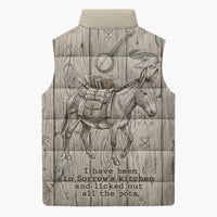 Zora Neale Hurston Sleeveless Puffer Jacket Rustic Wood Engraved Style Illustration Joyful Portrait with Book and Map Donkey - Wonder Print Shop