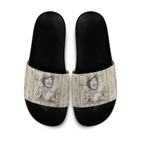 Zora Neale Hurston Slide Sandals Rustic Wood Engraved Style Illustration Joyful Portrait with Book and Map Donkey - Wonder Print Shop