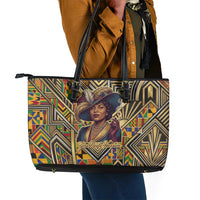 Zora Neale Hurston Leather Tote Bag Bold Kente and Art Deco Pattern - I Am Not Tragically Colored - Wonder Print Shop